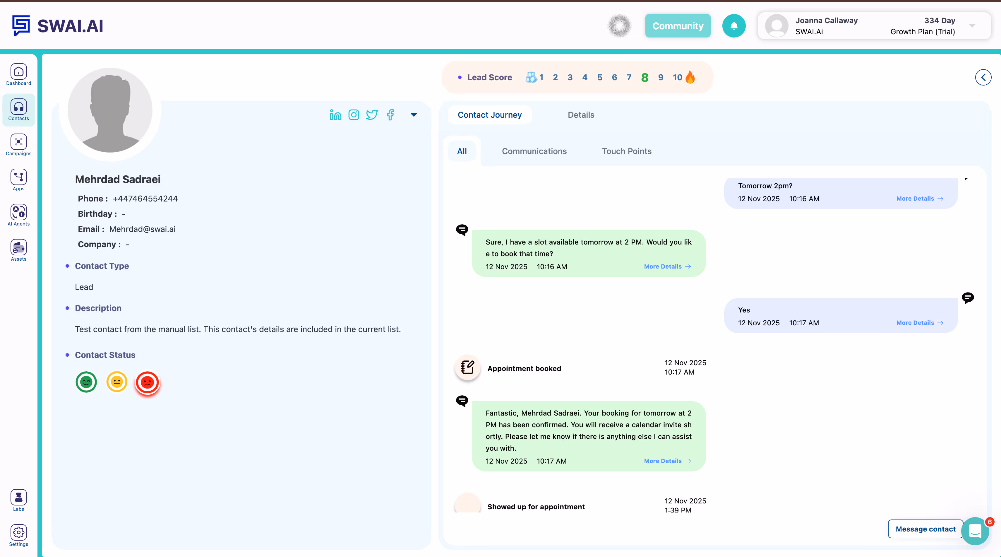 SWAI Self-Driving CRM Dashboard interface showing automatic prospecting and scoring